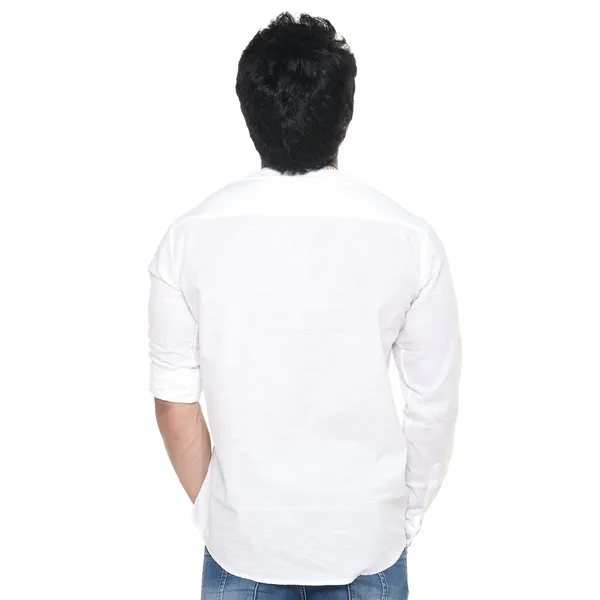 White_Plus_Size_Linen_Chinese_Collar_Full_Sleeve_Short_Kurta_For_Men