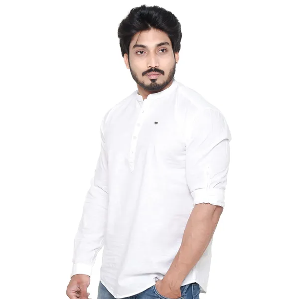 White_Plus_Size_Linen_Chinese_Collar_Full_Sleeve_Short_Kurta_For_Men