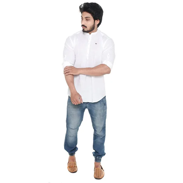 White_Plus_Size_Linen_Chinese_Collar_Full_Sleeve_Short_Kurta_For_Men
