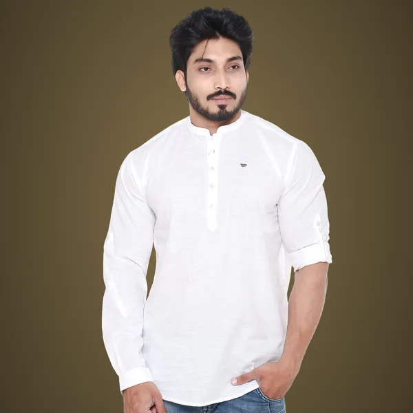 White_Plus_Size_Linen_Chinese_Collar_Full_Sleeve_Short_Kurta_For_Men