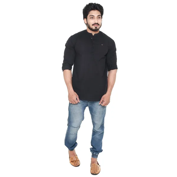 Black_Plus_Size_Linen_Chinese_Collar_Full_Sleeve_Short_Kurta_For_Men