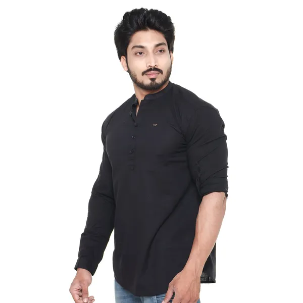 Black_Plus_Size_Linen_Chinese_Collar_Full_Sleeve_Short_Kurta_For_Men