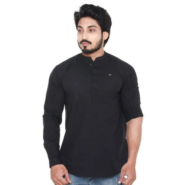 Black_Plus_Size_Linen_Chinese_Collar_Full_Sleeve_Short_Kurta_For_Men
