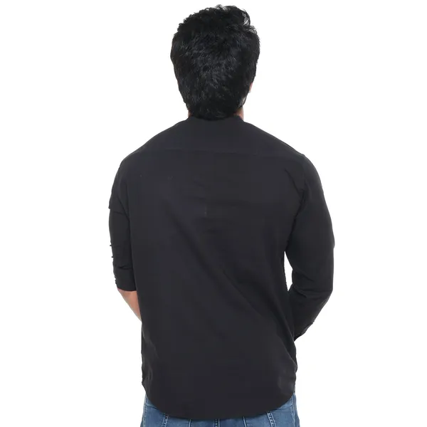 Black_Plus_Size_Linen_Chinese_Collar_Full_Sleeve_Short_Kurta_For_Men