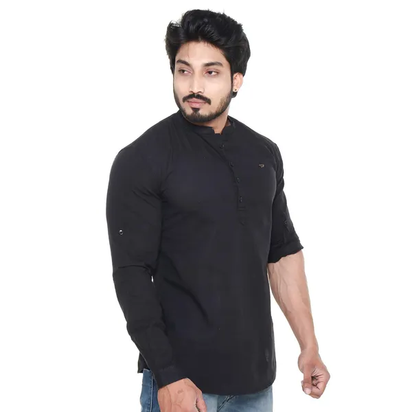 Black_Plus_Size_Linen_Chinese_Collar_Full_Sleeve_Short_Kurta_For_Men
