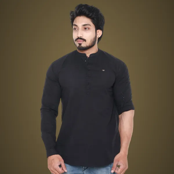 Black_Plus_Size_Linen_Chinese_Collar_Full_Sleeve_Short_Kurta_For_Men