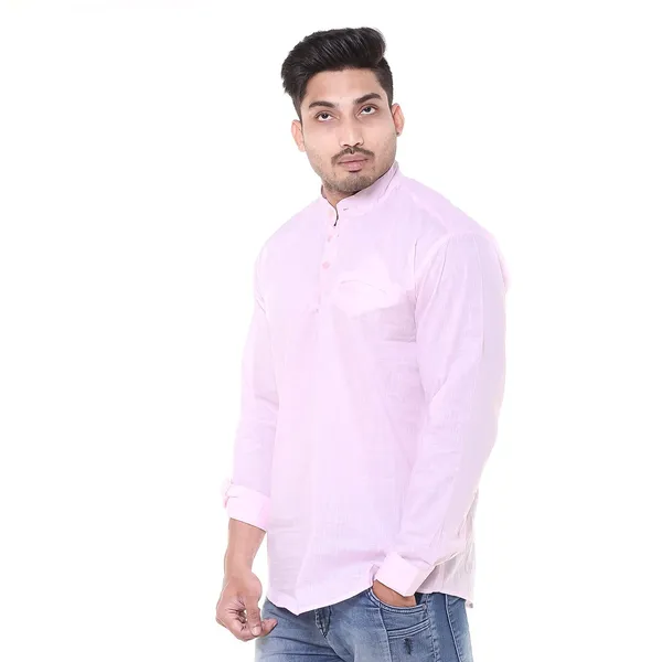 Pink_Plus_Size_Linen_Chinese_Collar_Full_Sleeve_Short_Kurta_For_Men