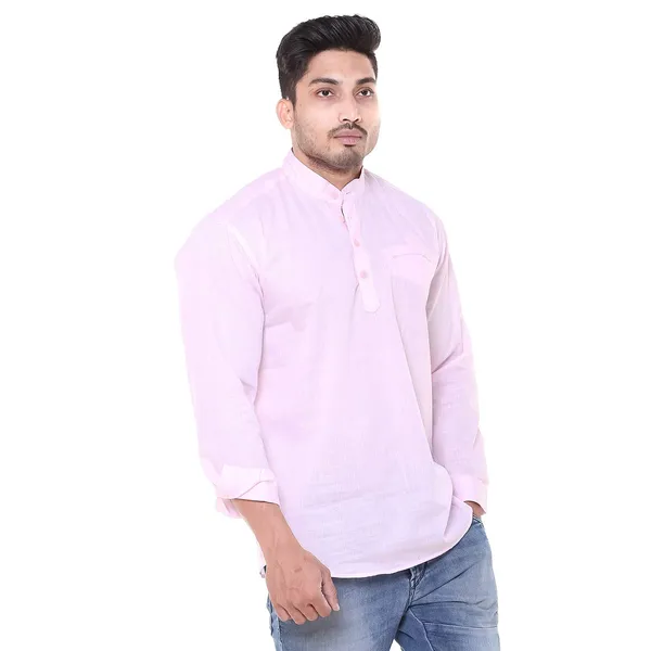 Pink_Plus_Size_Linen_Chinese_Collar_Full_Sleeve_Short_Kurta_For_Men
