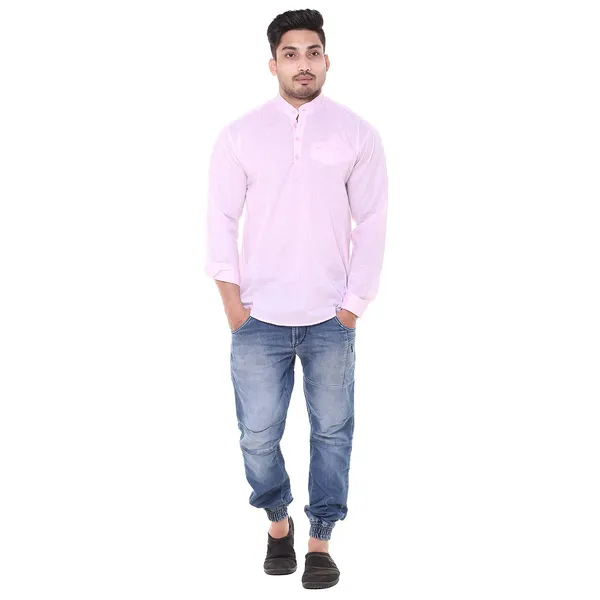 Pink_Plus_Size_Linen_Chinese_Collar_Full_Sleeve_Short_Kurta_For_Men