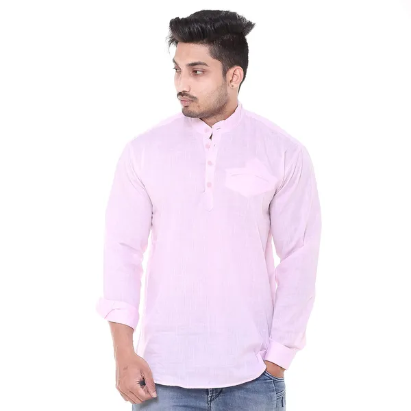 Pink_Plus_Size_Linen_Chinese_Collar_Full_Sleeve_Short_Kurta_For_Men