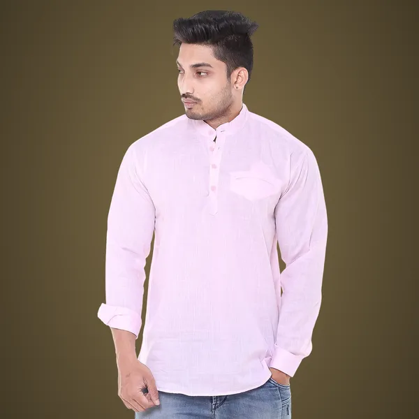 Pink_Plus_Size_Linen_Chinese_Collar_Full_Sleeve_Short_Kurta_For_Men