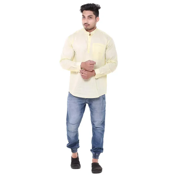 Yellow_Plus_Size_Linen_Chinese_Collar_Full_Sleeve_Short_Kurta_For_Men