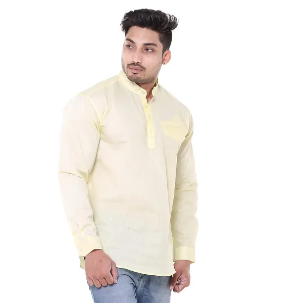 Yellow_Plus_Size_Linen_Chinese_Collar_Full_Sleeve_Short_Kurta_For_Men