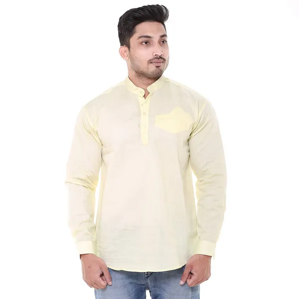 Yellow_Plus_Size_Linen_Chinese_Collar_Full_Sleeve_Short_Kurta_For_Men
