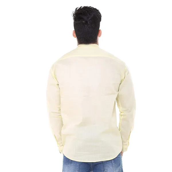 Yellow_Plus_Size_Linen_Chinese_Collar_Full_Sleeve_Short_Kurta_For_Men