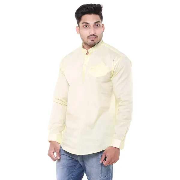 Yellow_Plus_Size_Linen_Chinese_Collar_Full_Sleeve_Short_Kurta_For_Men