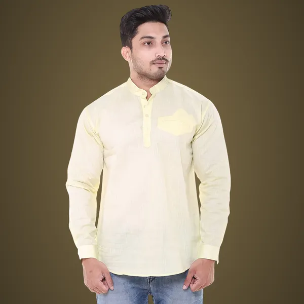 Yellow_Plus_Size_Linen_Chinese_Collar_Full_Sleeve_Short_Kurta_For_Men