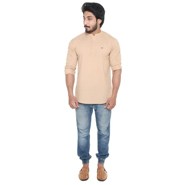 Beige_Plus_Size_Linen_Chinese_Collar_Full_Sleeve_Short_Kurta_For_Men