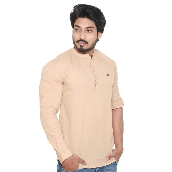 Beige_Plus_Size_Linen_Chinese_Collar_Full_Sleeve_Short_Kurta_For_Men