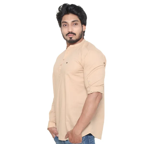 Beige_Plus_Size_Linen_Chinese_Collar_Full_Sleeve_Short_Kurta_For_Men