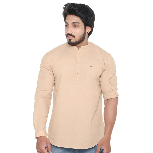 Beige_Plus_Size_Linen_Chinese_Collar_Full_Sleeve_Short_Kurta_For_Men