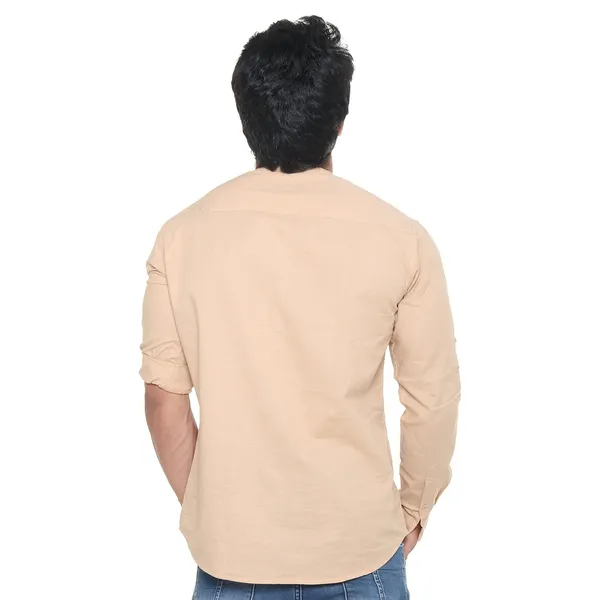 Beige_Plus_Size_Linen_Chinese_Collar_Full_Sleeve_Short_Kurta_For_Men