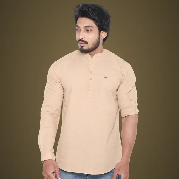 Beige_Plus_Size_Linen_Chinese_Collar_Full_Sleeve_Short_Kurta_For_Men