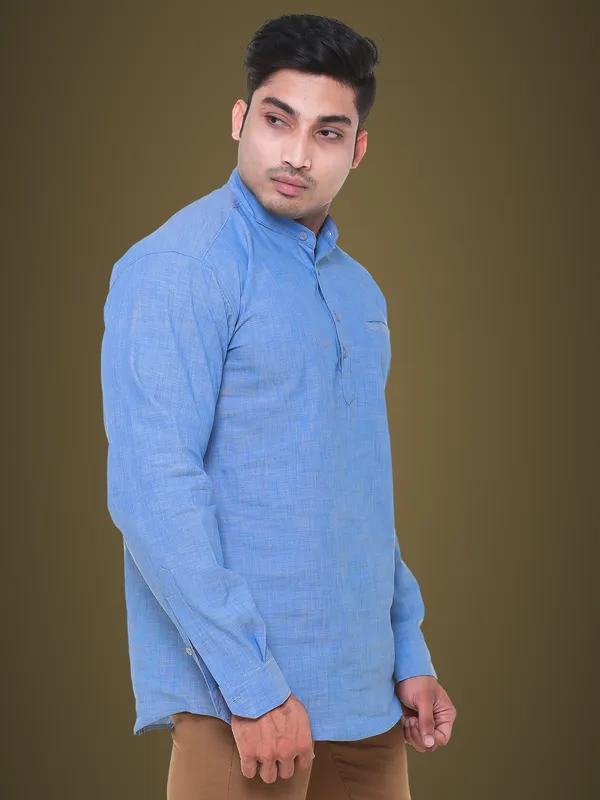 Sky_Blue_Denim_Plus_Size_Linen_Chinese_Collar_Full_Sleeve_Short_Kurta_For_Men