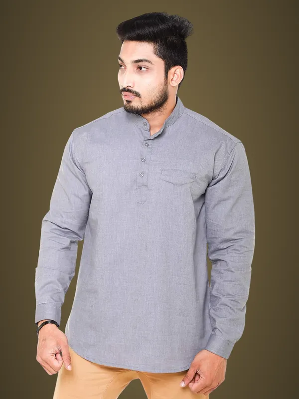 Grey_Plus_Size_Linen_Chinese_Collar_Full_Sleeve_Short_Kurta_For_Men
