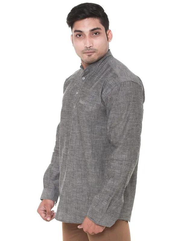 Grey_Chambray_Plus_Size_Linen_Chinese_Collar_Full_Sleeve_Short_Kurta_For_Men