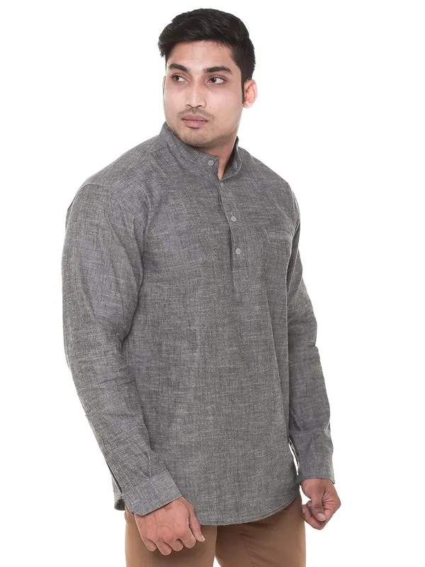 Grey_Chambray_Plus_Size_Linen_Chinese_Collar_Full_Sleeve_Short_Kurta_For_Men