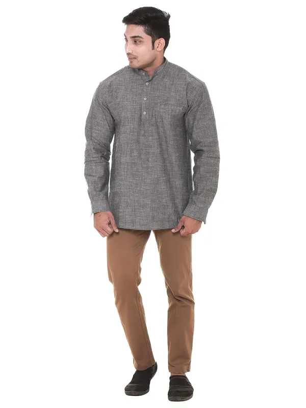 Grey_Chambray_Plus_Size_Linen_Chinese_Collar_Full_Sleeve_Short_Kurta_For_Men
