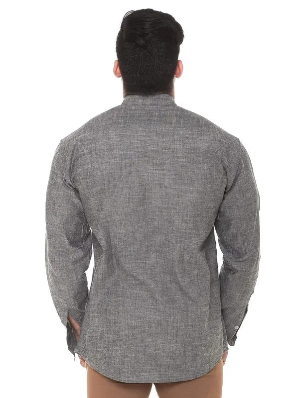 Grey_Chambray_Plus_Size_Linen_Chinese_Collar_Full_Sleeve_Short_Kurta_For_Men