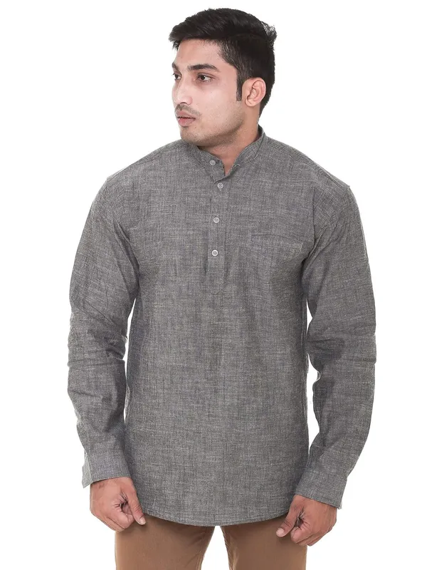 Grey_Chambray_Plus_Size_Linen_Chinese_Collar_Full_Sleeve_Short_Kurta_For_Men