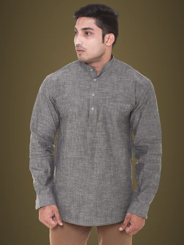 Grey_Chambray_Plus_Size_Linen_Chinese_Collar_Full_Sleeve_Short_Kurta_For_Men