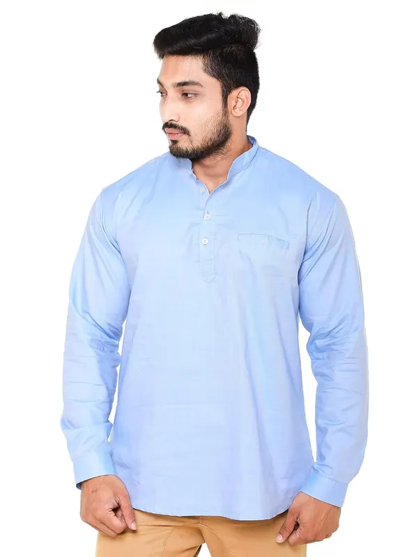 Sky_Blue_Plus_Size_Linen_Chinese_Collar_Full_Sleeve_Short_Kurta_For_Men