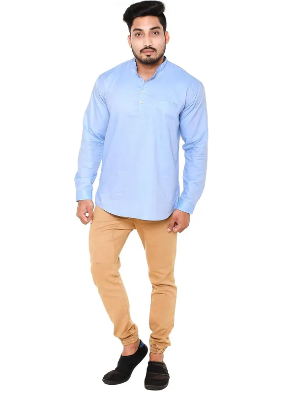 Sky_Blue_Plus_Size_Linen_Chinese_Collar_Full_Sleeve_Short_Kurta_For_Men