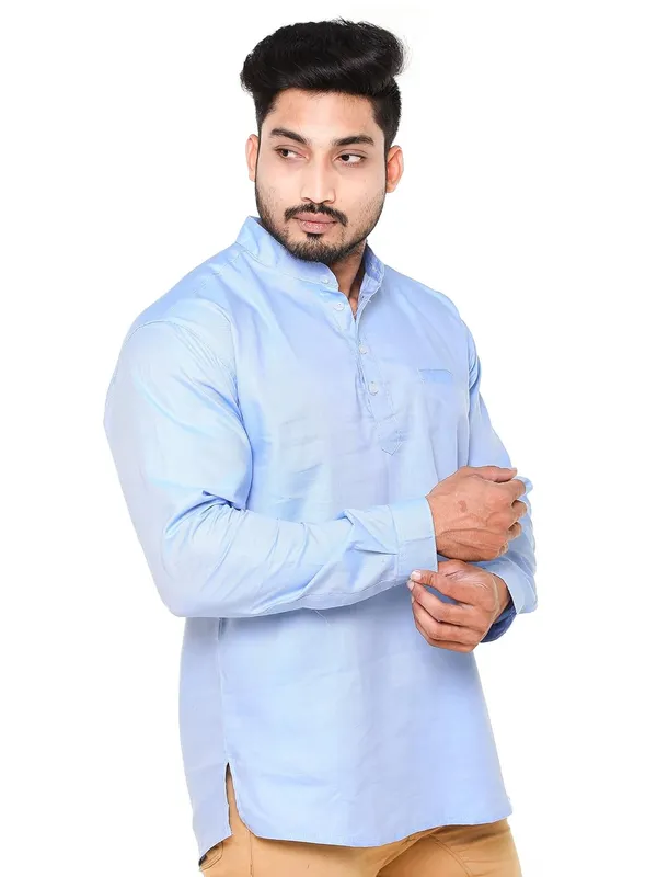 Sky_Blue_Plus_Size_Linen_Chinese_Collar_Full_Sleeve_Short_Kurta_For_Men