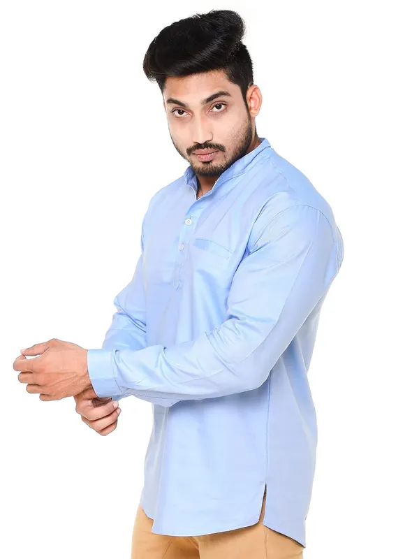 Sky_Blue_Plus_Size_Linen_Chinese_Collar_Full_Sleeve_Short_Kurta_For_Men