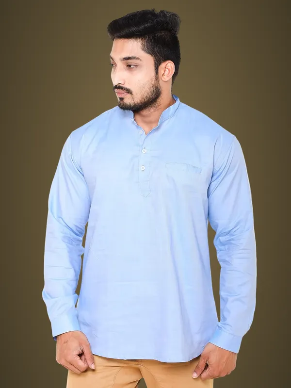 Sky_Blue_Plus_Size_Linen_Chinese_Collar_Full_Sleeve_Short_Kurta_For_Men