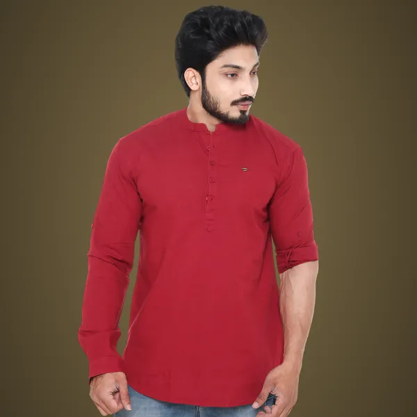Maroon_Plus_Size_Linen_Chinese_Collar_Full_Sleeve_Short_Kurta_For_Men