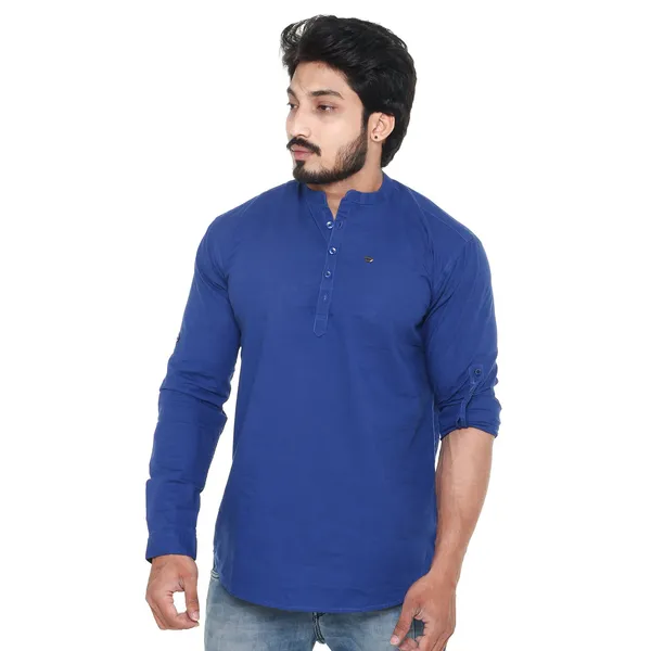 Royal_Blue_Plus_Size_Linen_Chinese_Collar_Full_Sleeve_Short_Kurta_For_Men