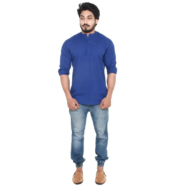 Royal_Blue_Plus_Size_Linen_Chinese_Collar_Full_Sleeve_Short_Kurta_For_Men