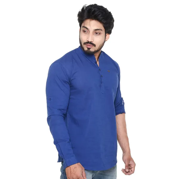 Royal_Blue_Plus_Size_Linen_Chinese_Collar_Full_Sleeve_Short_Kurta_For_Men