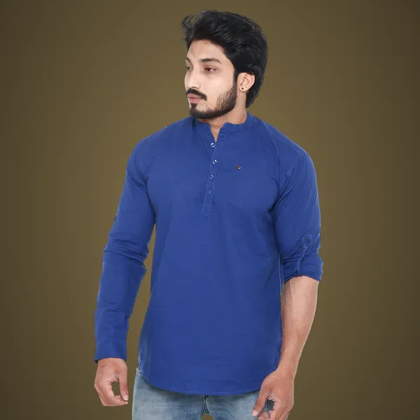 Royal_Blue_Plus_Size_Linen_Chinese_Collar_Full_Sleeve_Short_Kurta_For_Men