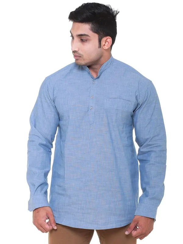 Sky_Blue_Chambray_Plus_Size_Linen_Chinese_Collar_Full_Sleeve_Short_Kurta_For_Men