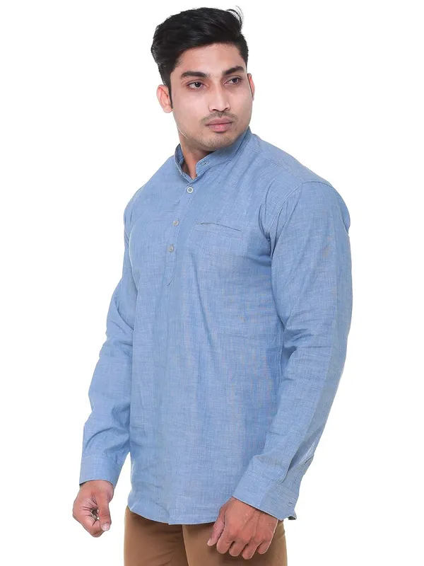Sky_Blue_Chambray_Plus_Size_Linen_Chinese_Collar_Full_Sleeve_Short_Kurta_For_Men
