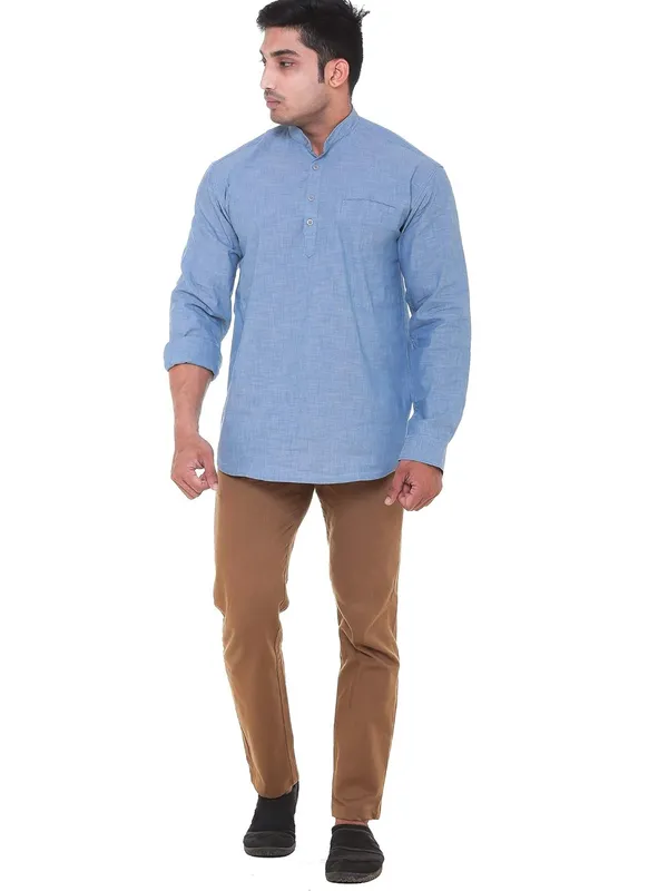 Sky_Blue_Chambray_Plus_Size_Linen_Chinese_Collar_Full_Sleeve_Short_Kurta_For_Men