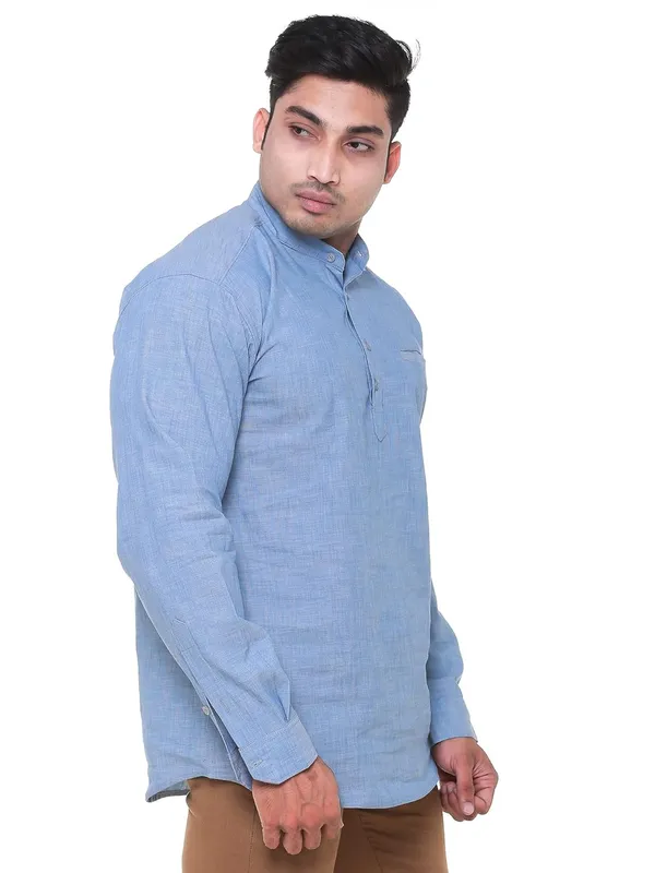 Sky_Blue_Chambray_Plus_Size_Linen_Chinese_Collar_Full_Sleeve_Short_Kurta_For_Men