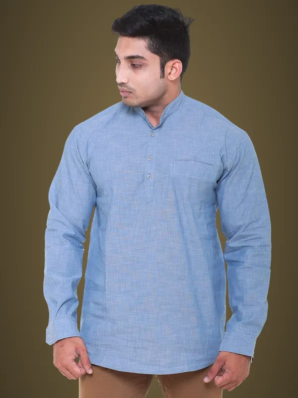 Sky_Blue_Chambray_Plus_Size_Linen_Chinese_Collar_Full_Sleeve_Short_Kurta_For_Men